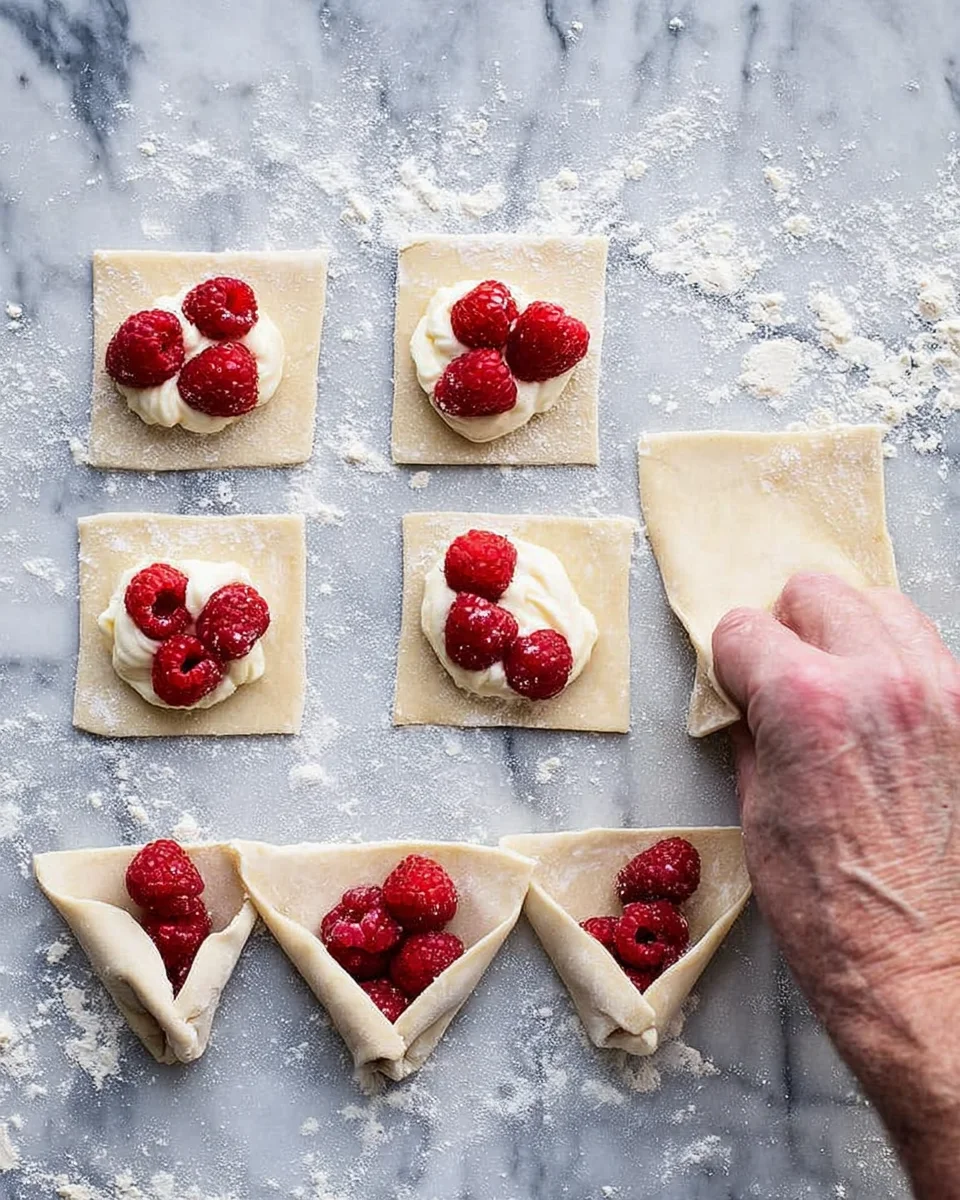 folding raspberry danishes with fingers next to other pastry squares ready to fold