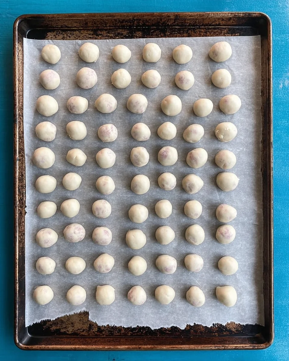 Fondant covered cherries on a parchment lined baking tray.