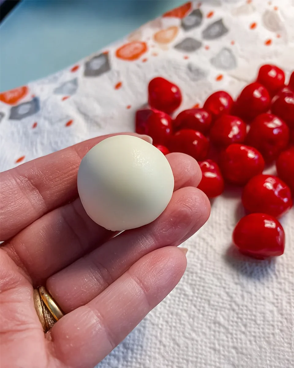 Closeup of a hand holding a ball of fondant with a cherry inside. Unwrapped cherries in the background.