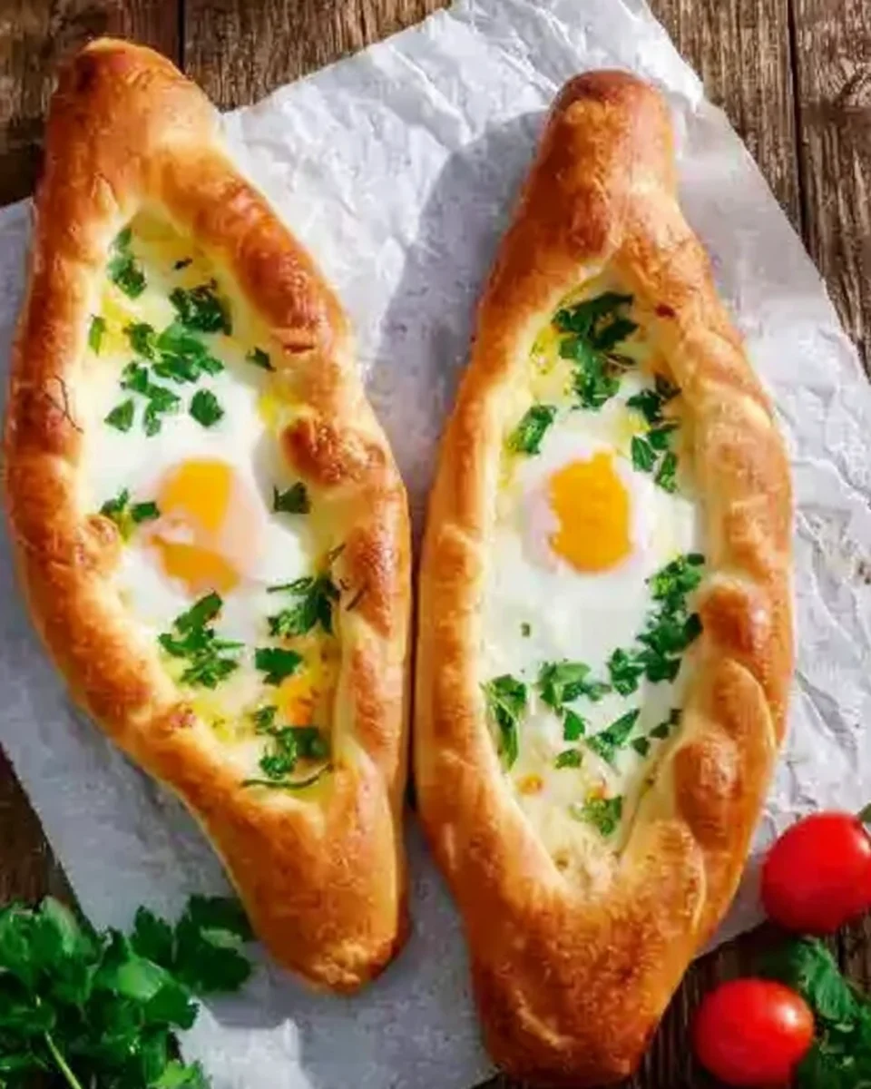 georgian-khachapuri-360x360.webp Two Georgian khachapuri on a parchment.