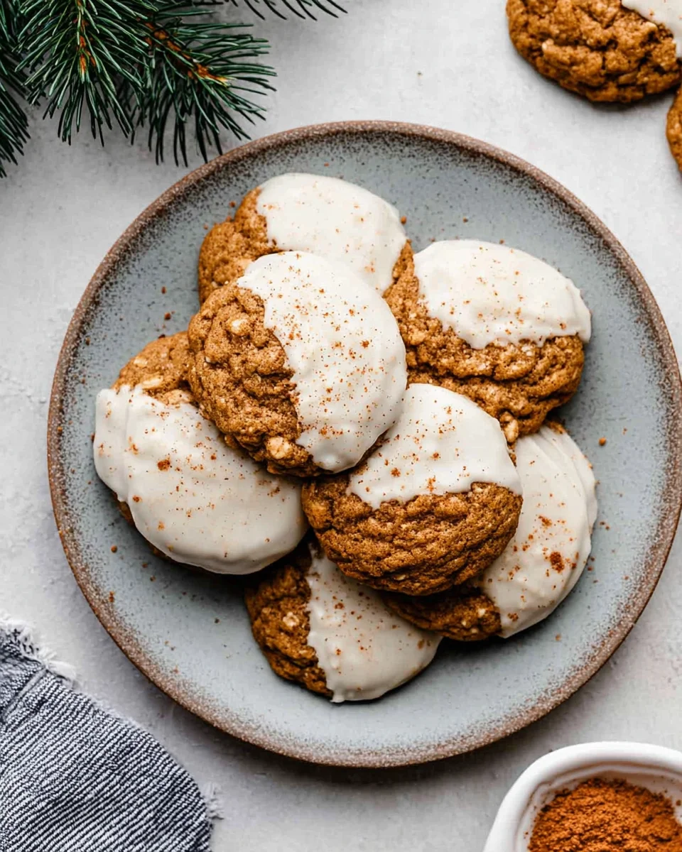blue plate of white chocolate dipped gingerbread latte cookies.