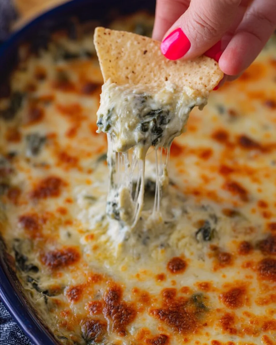 a chip scooping into Healthy Spinach Artichoke Dip, the dip is warm, melty and cheesy