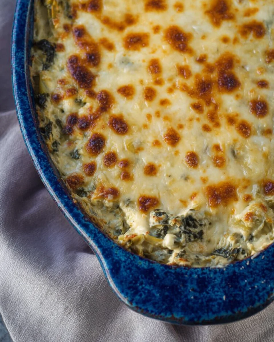 A close up of a blue dish with Healthy Spinach Artichoke Dip in it. No mayo or cream cheese is in the dip