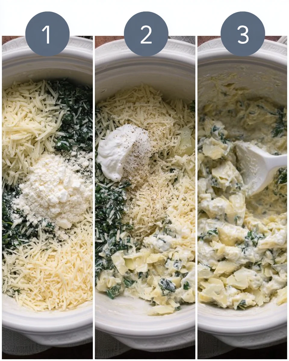 a collage with step by step instructions showing how to make healthy spinach artichoke dip
