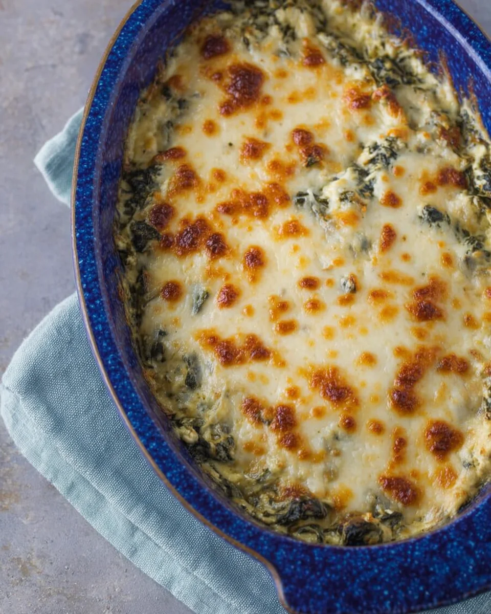 healthy spinach artichoke dip fresh out of the oven. the cheese is browned on top and super melty.