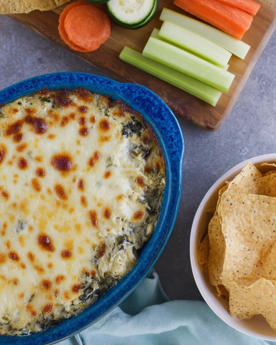 A close up of healthy spinach artichoke dip on a grey background with chips and veggies surrounding it.