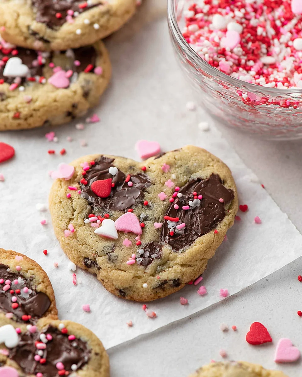 heart shaped cookie leaning against white parchment paper with cookies and sprinkles in the background