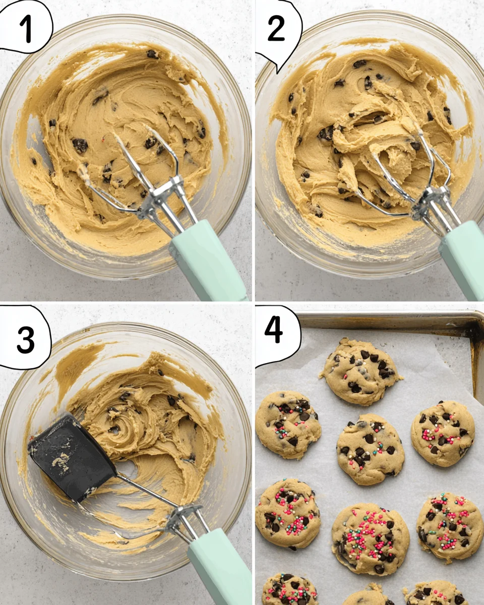 steps to make cookies- wet ingredients mixed together in a clear bowl, after dry ingredients are mixed in, after chocolate chips are folded into the batter, cookies after being baked with a heart cookie cutter cutting out hearts. 