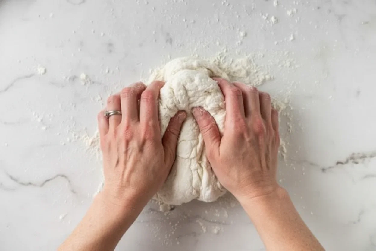 Hands kneading dough on a white surface with flour scattered around.