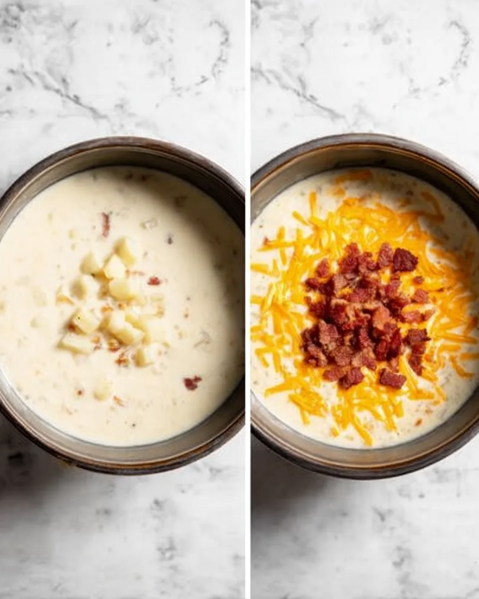 adding potatoes, cheddar, and bacon to baked potato soup