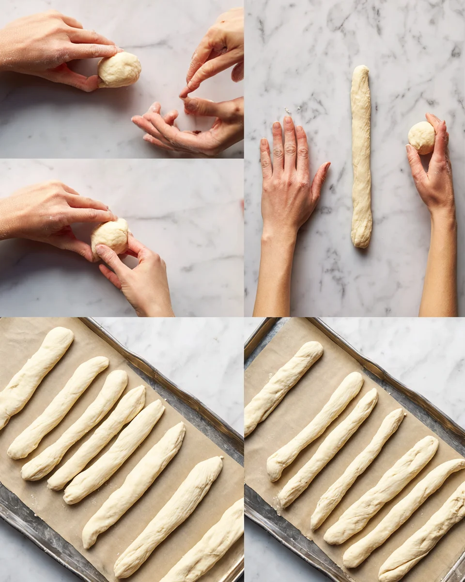 collage of four images, showing how to roll out balls of dough into logs, to form the breadsticks, and then showing them before and after their second proof. 