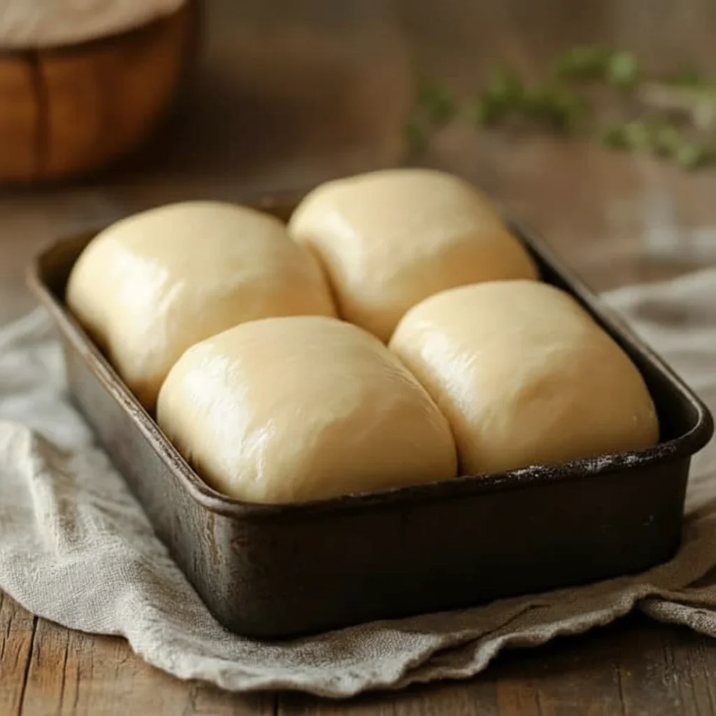 Four smooth, round dough balls in a dark baking dish on a rustic wooden surface with herbs in the background.