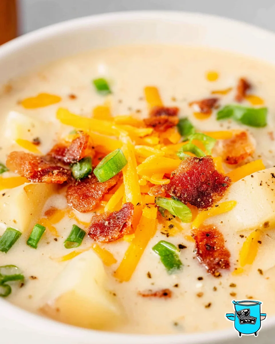 close up photo of potato soup in a bowl topped with crumbled bacon, shredded cheddar cheese and sliced green onions. 