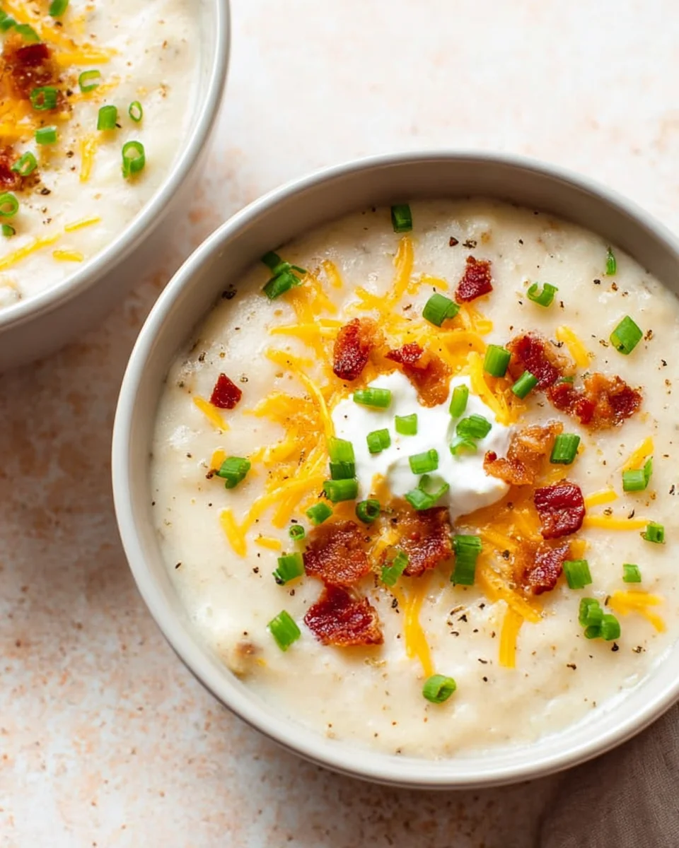 loaded baked potato soup in two bowls