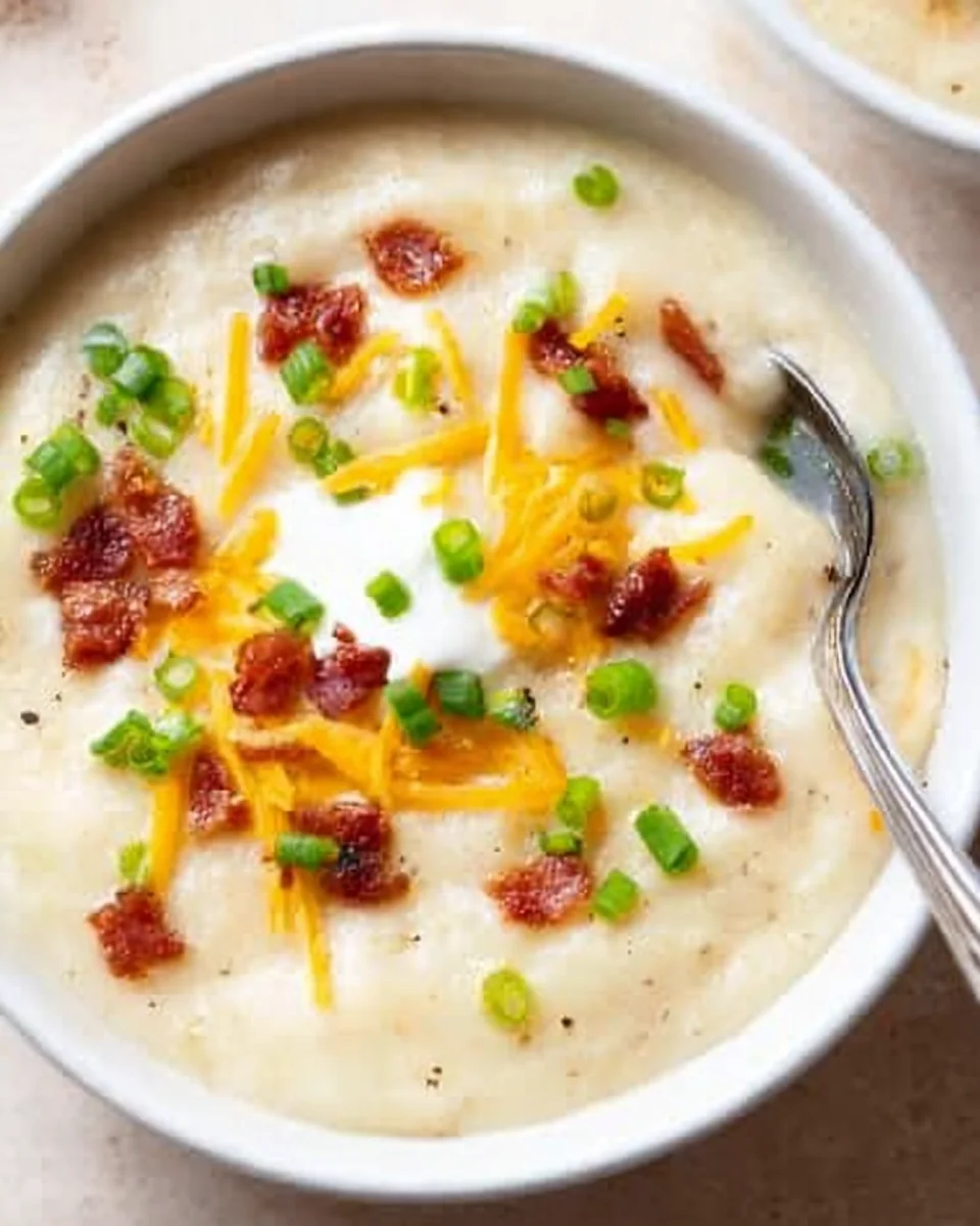 creamy loaded baked potato soup with a spoon