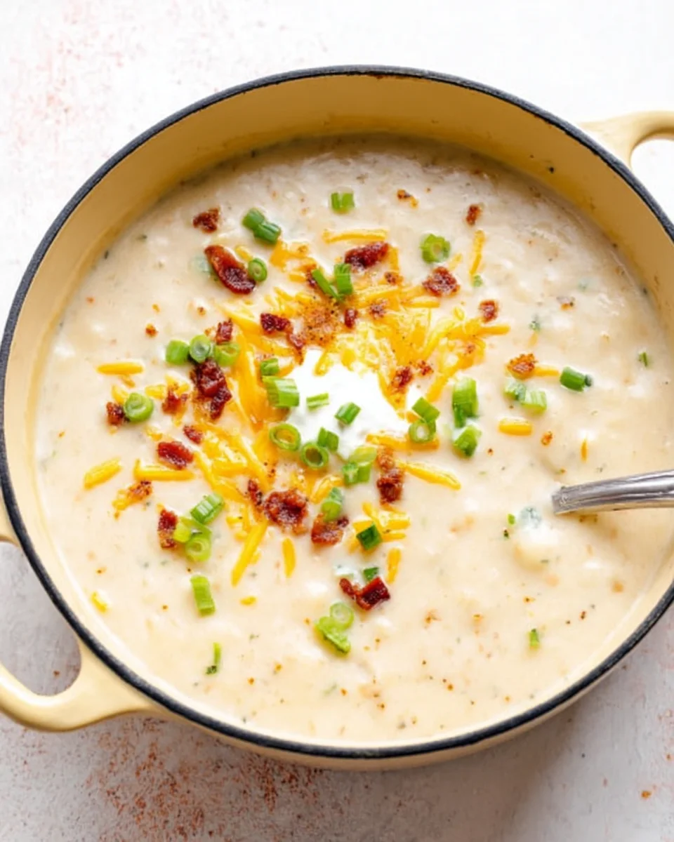 the best baked potato soup in a yellow pot