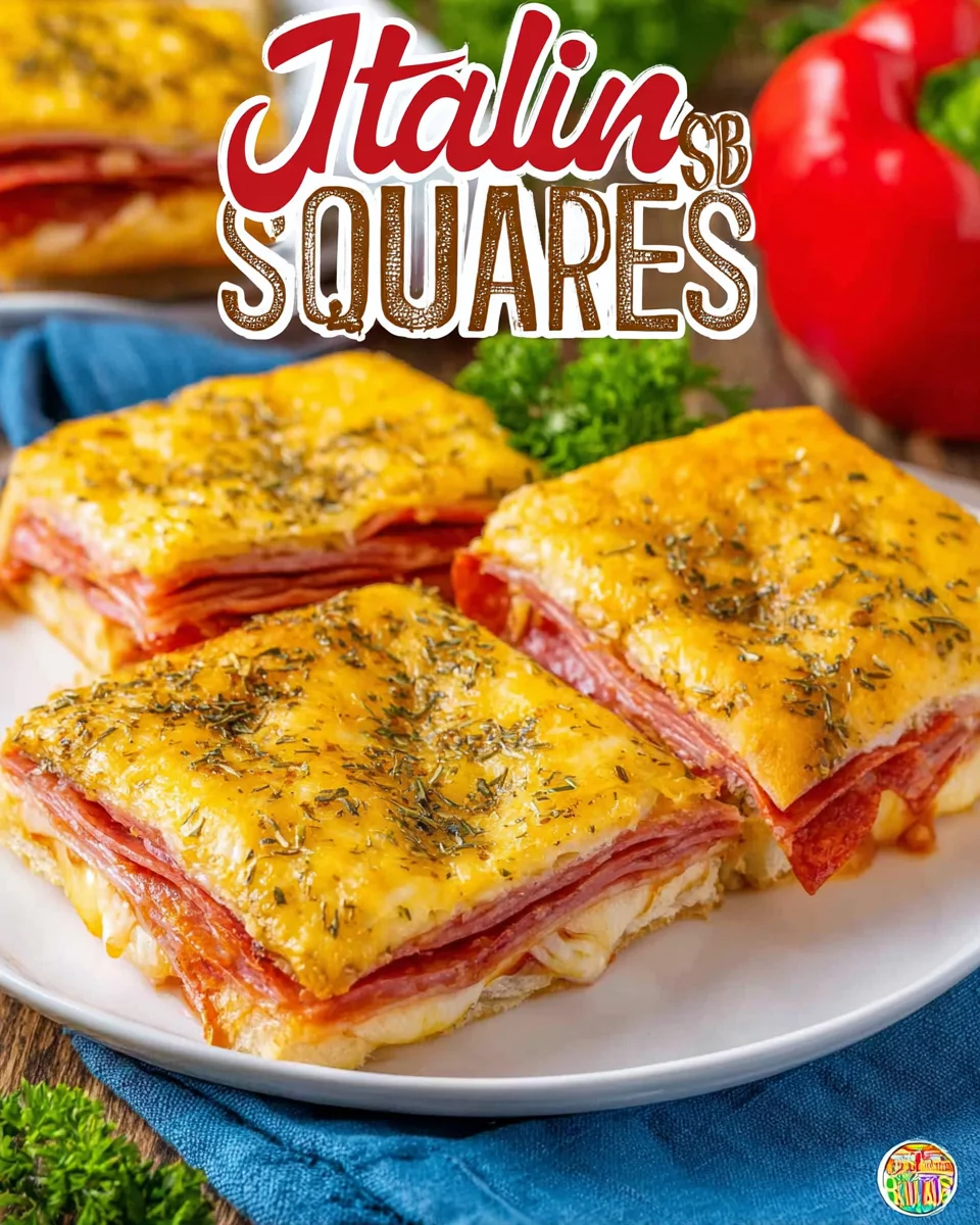 Stacked Italian Sub Squares on white plate Pinterest image.