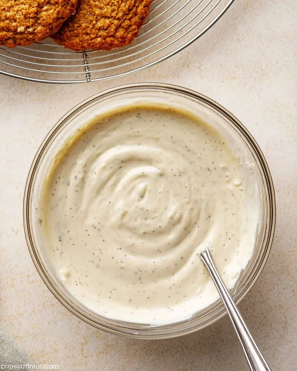 espresso powder speckled melted white chocolate in a glass bowl.