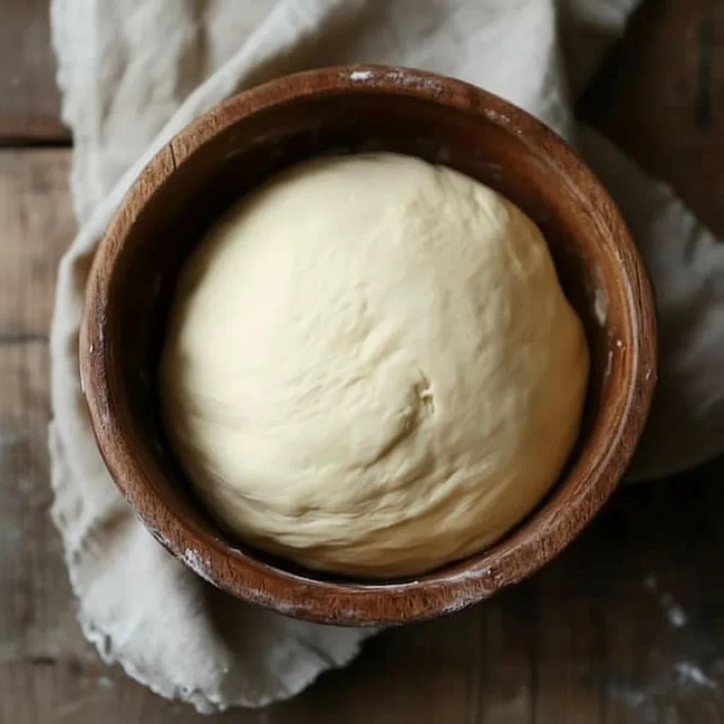 Smooth, round ball of dough in a rustic wooden bowl on a wooden surface.