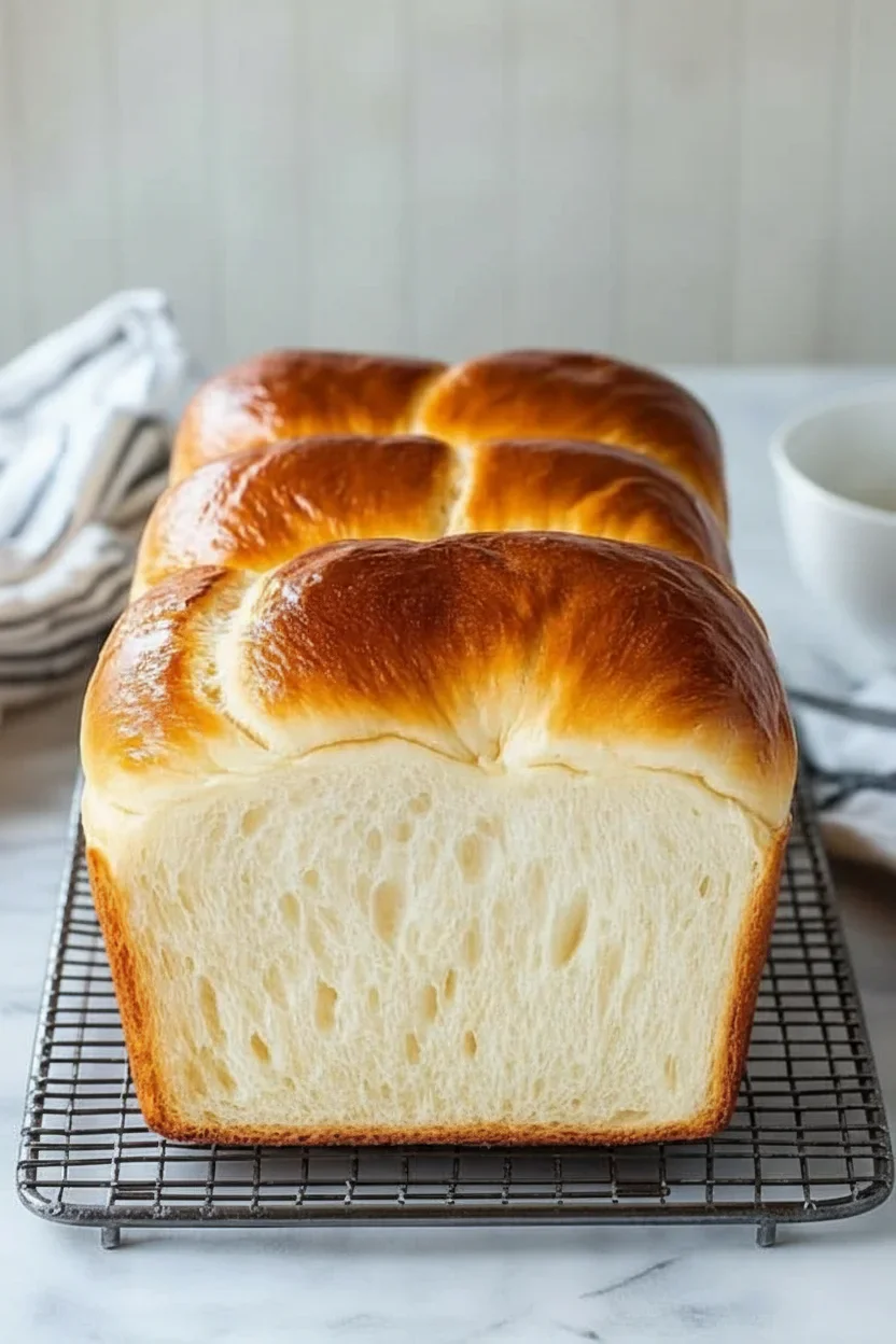 Three freshly baked bread loaves with golden crust and soft interior on a wire rack.