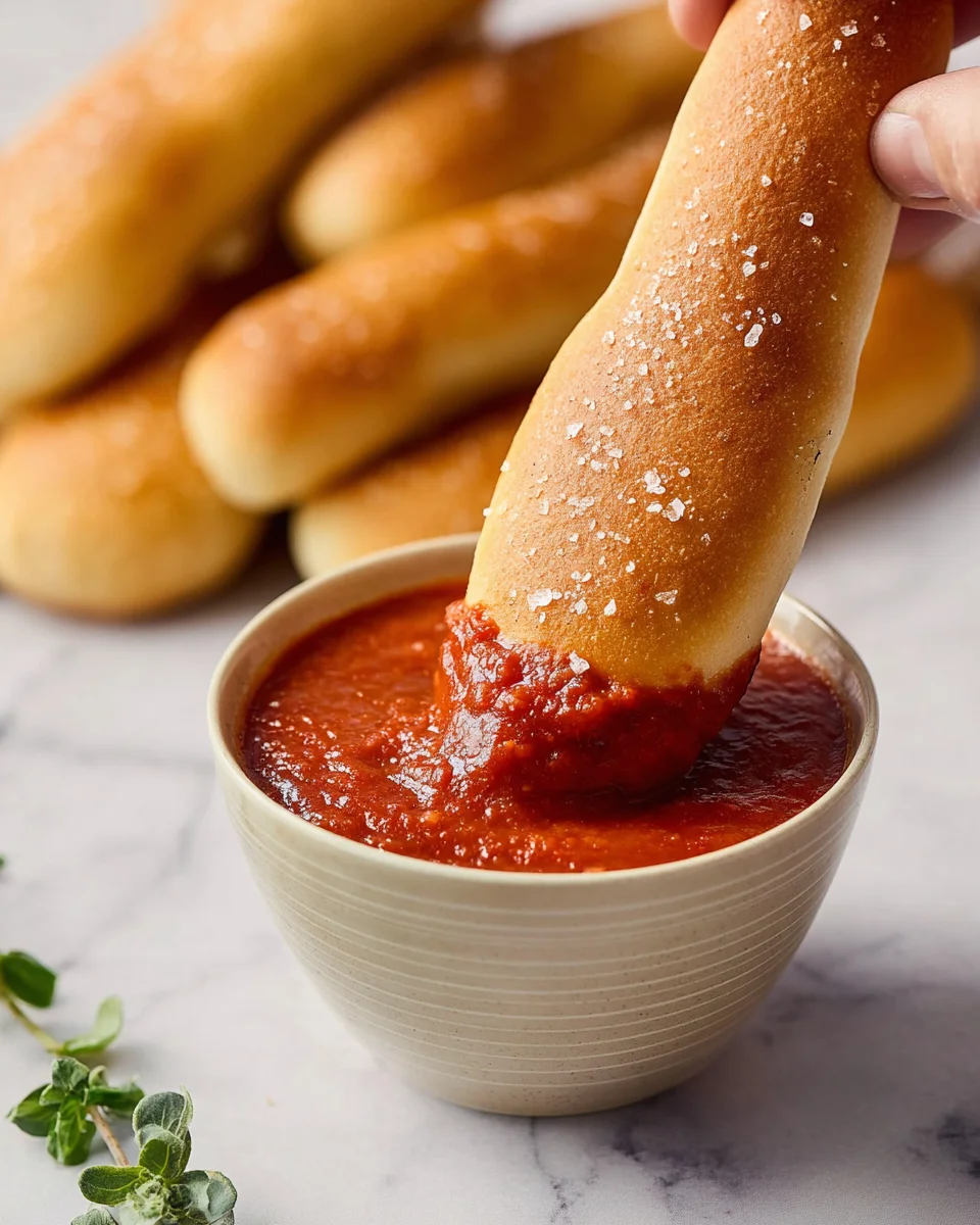 a copycat Olive Garden Breadstick being dipped in marinara sauce. 