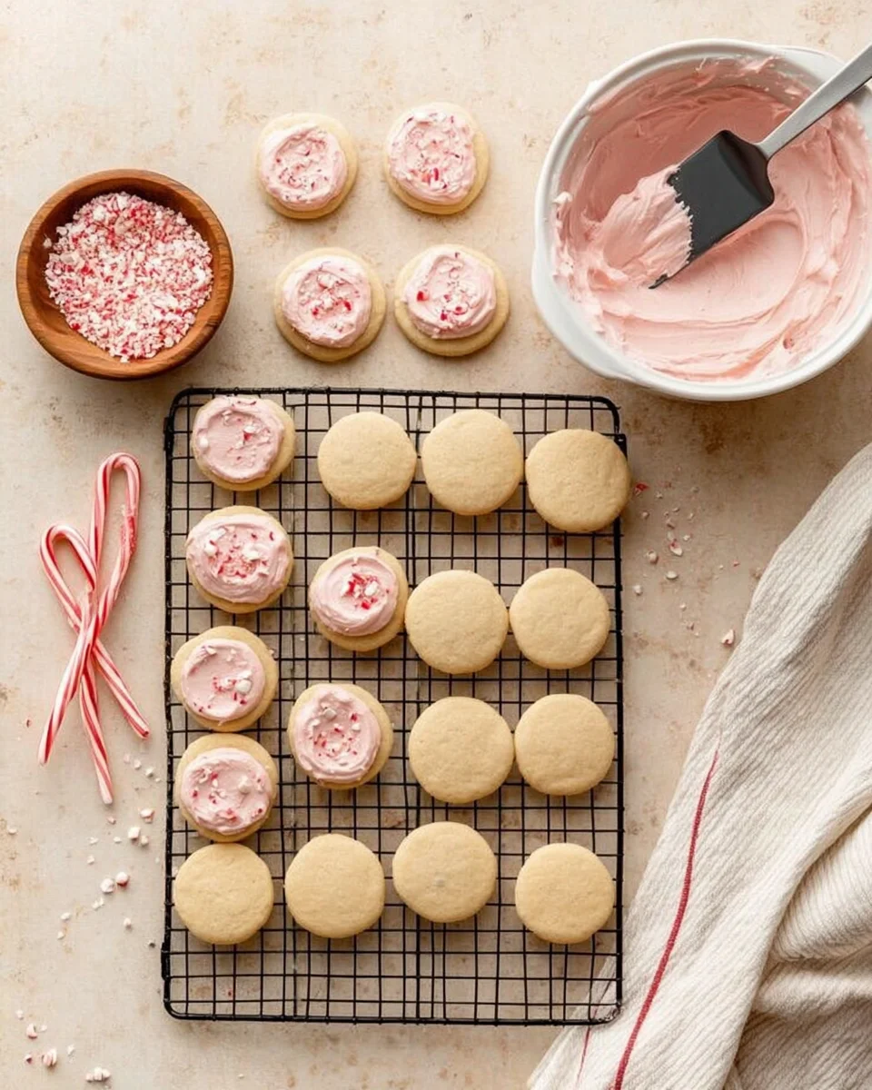cookies on silver cooling rack with pink frosting and crushed candy canes in a bowl next to it.