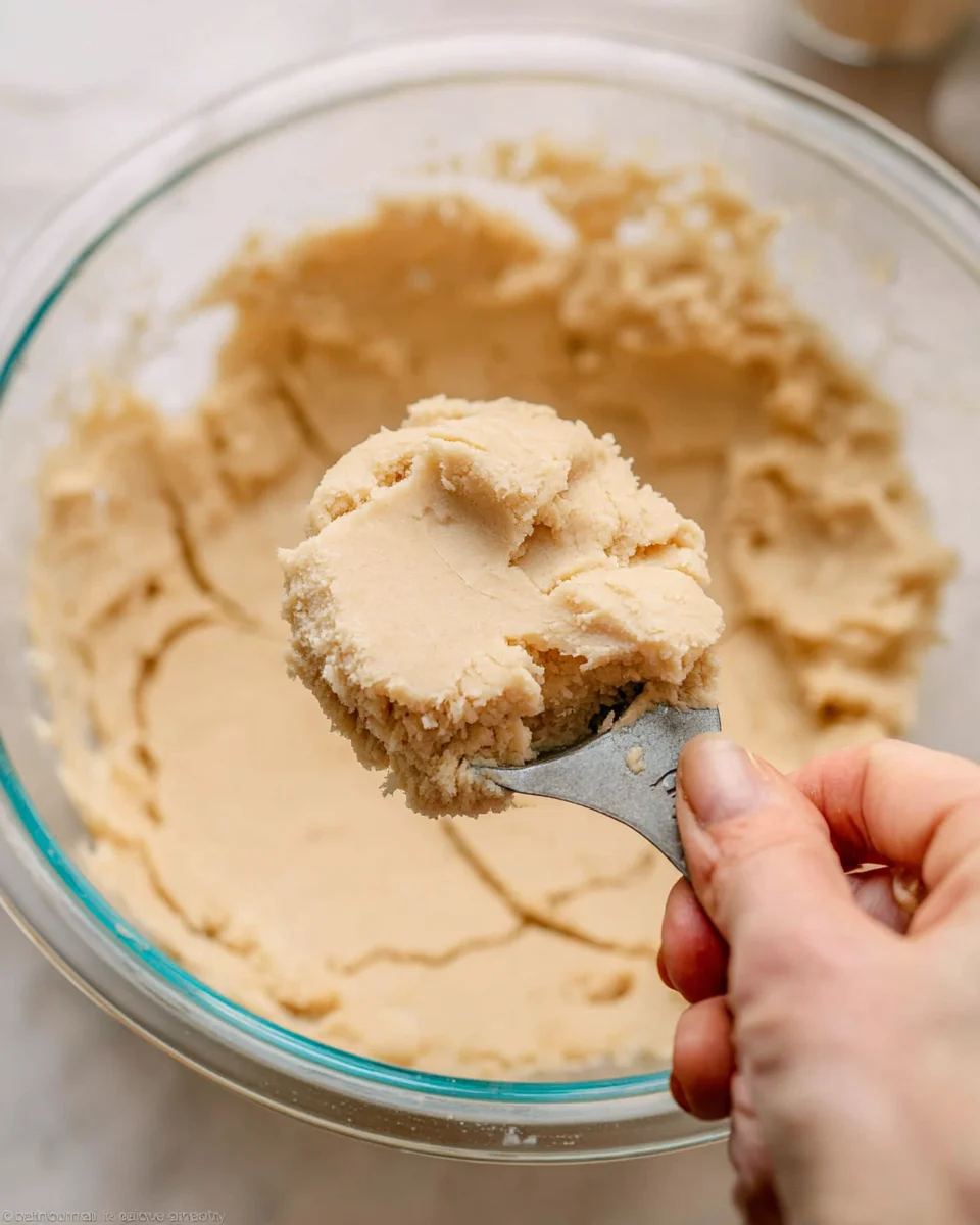 hand scooping up cookie dough with a Tablespoon measuring spoon.