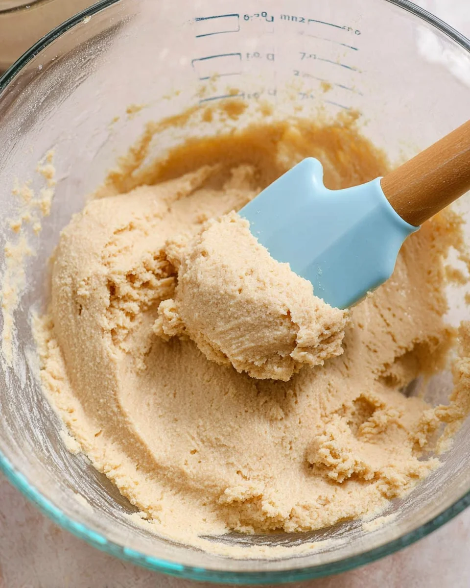 vanilla peppermint cookie dough in glass bowl with light blue spatula.