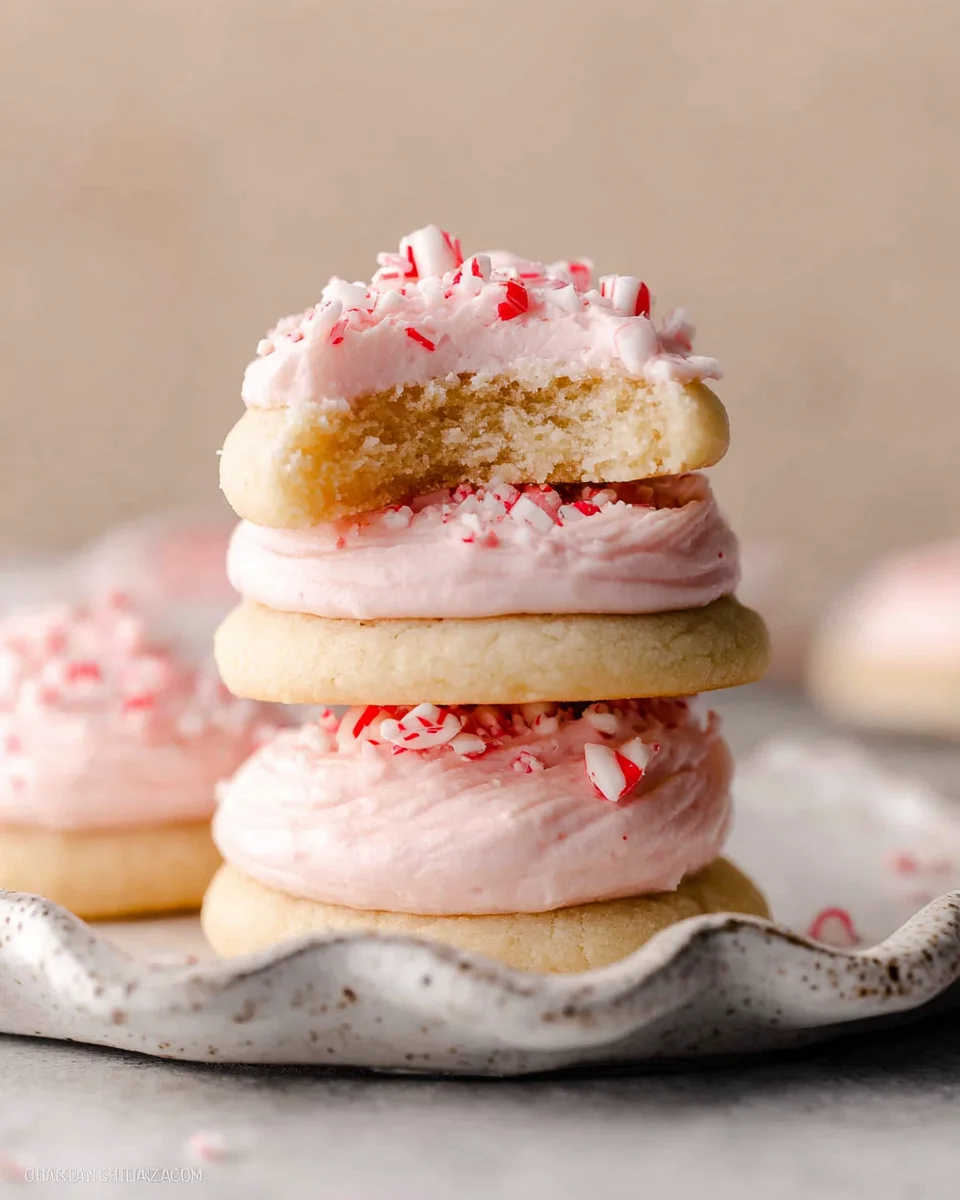 stack of 3 frosted peppermint meltaway cookies.