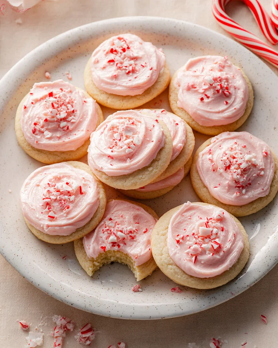 peppermint meltaway cookies with pink frosting and crushed candy canes on top.