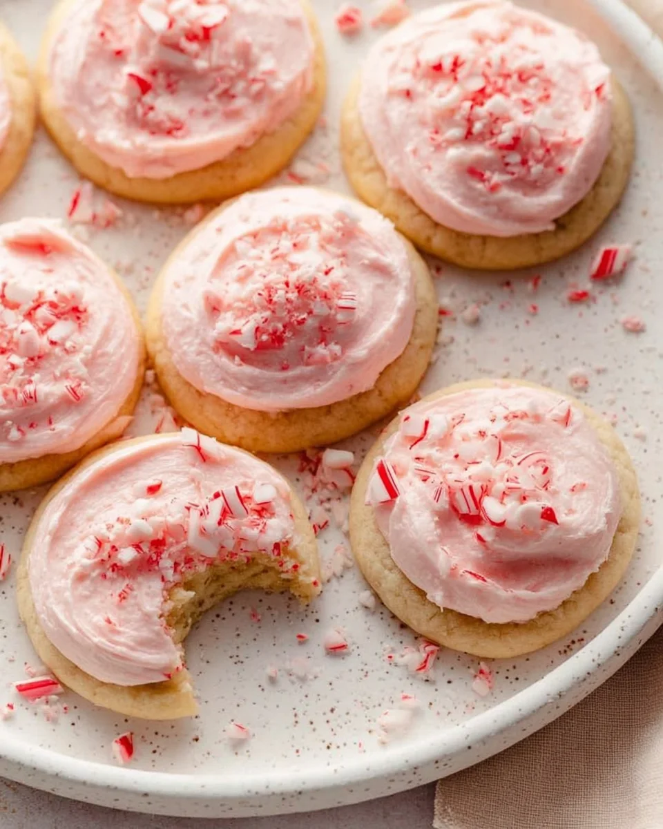 close-up of frosted peppermint meltaway cookies with one with bite taken out.