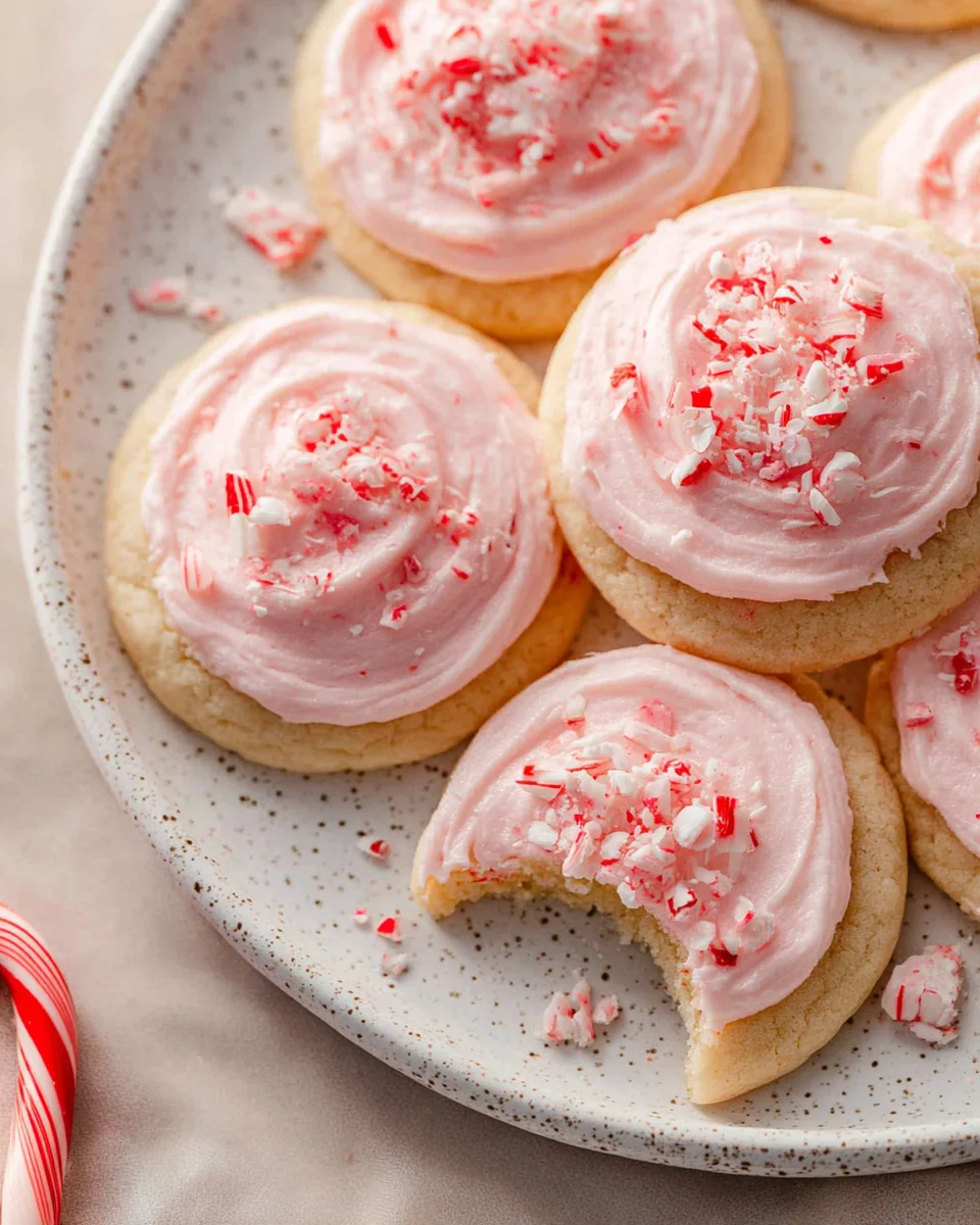 close-up of frosted peppermint meltaway cookies with one with bite taken out.