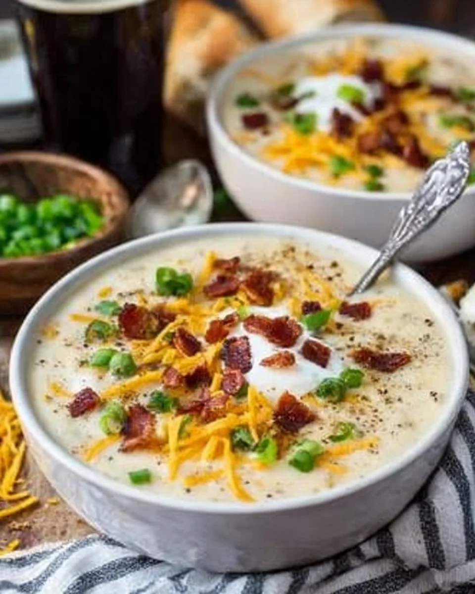Potato soup in bowl, with toppings