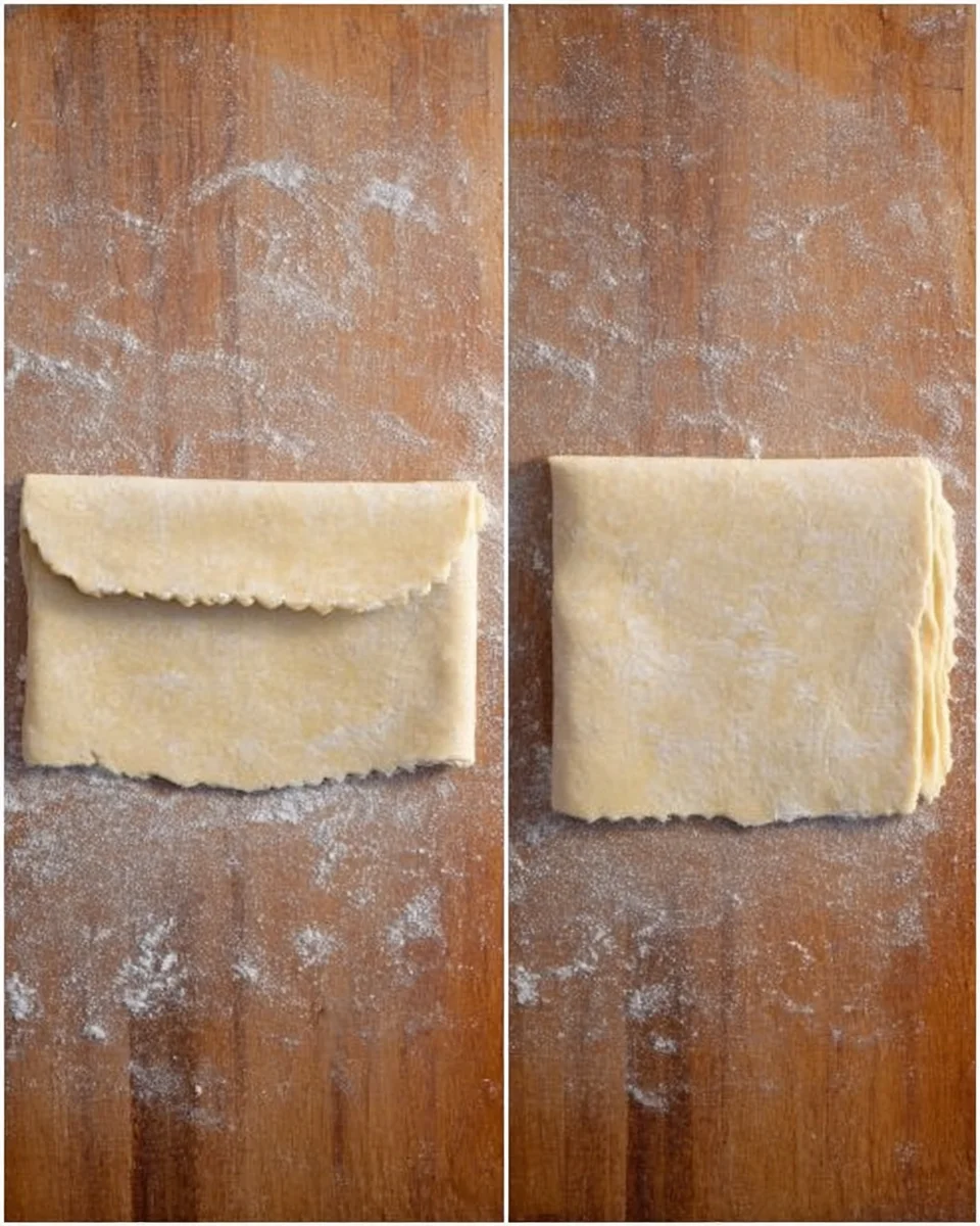Dough folded on a wooden board.