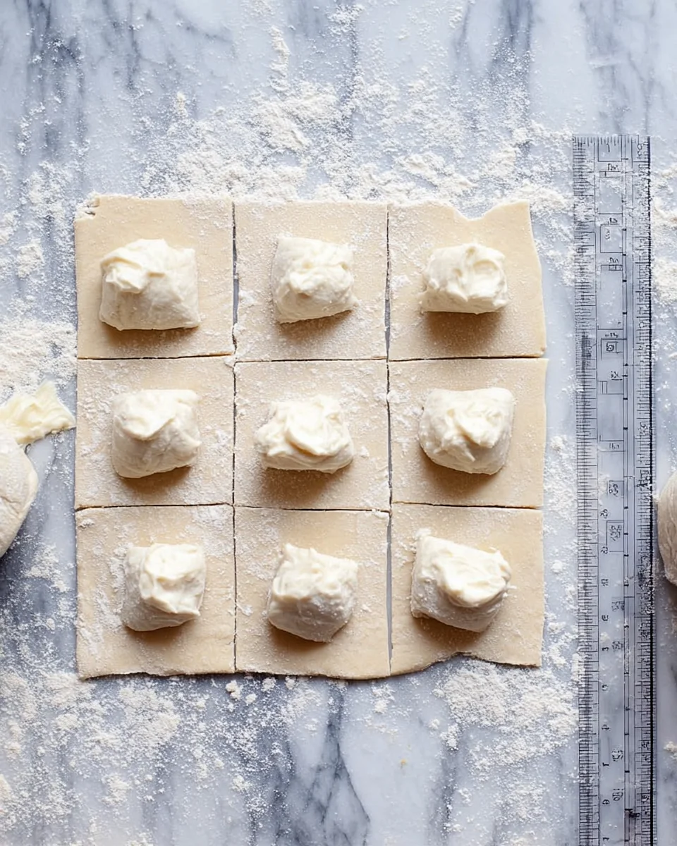 puff pastry dough cut into squares and topped with cream cheese