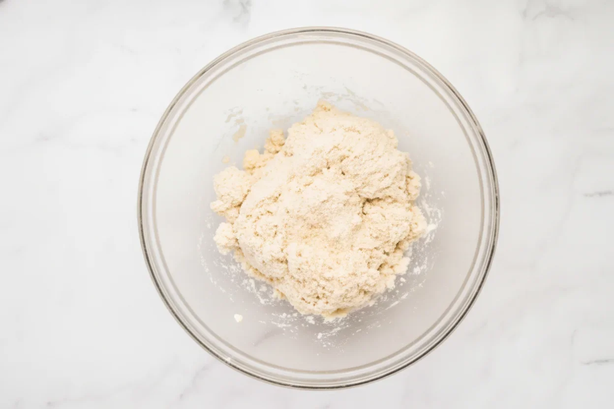Clear glass bowl with light-colored flour or dough mixture on a white surface.