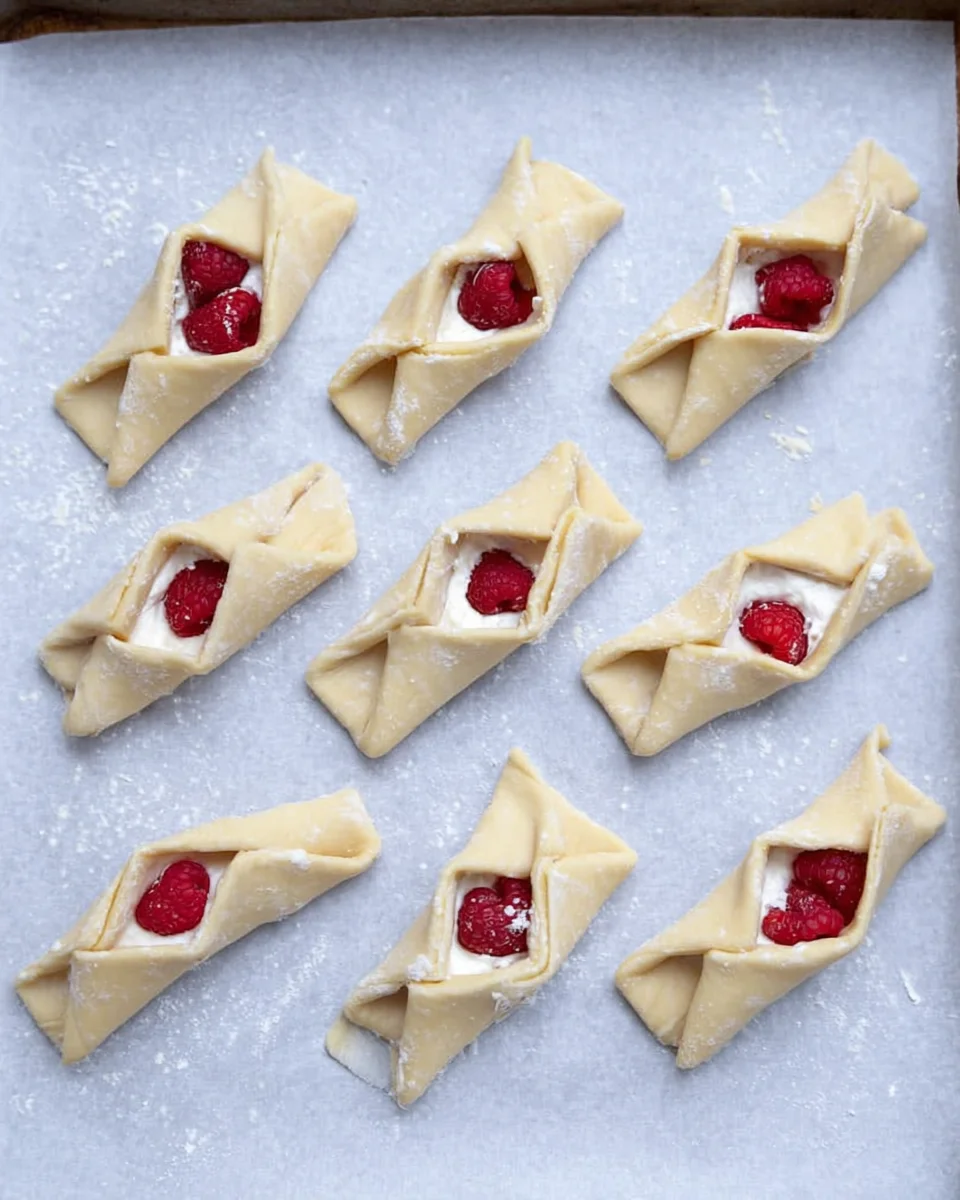 raspberry danishes on sheet pan brushed with egg wash ready to bake