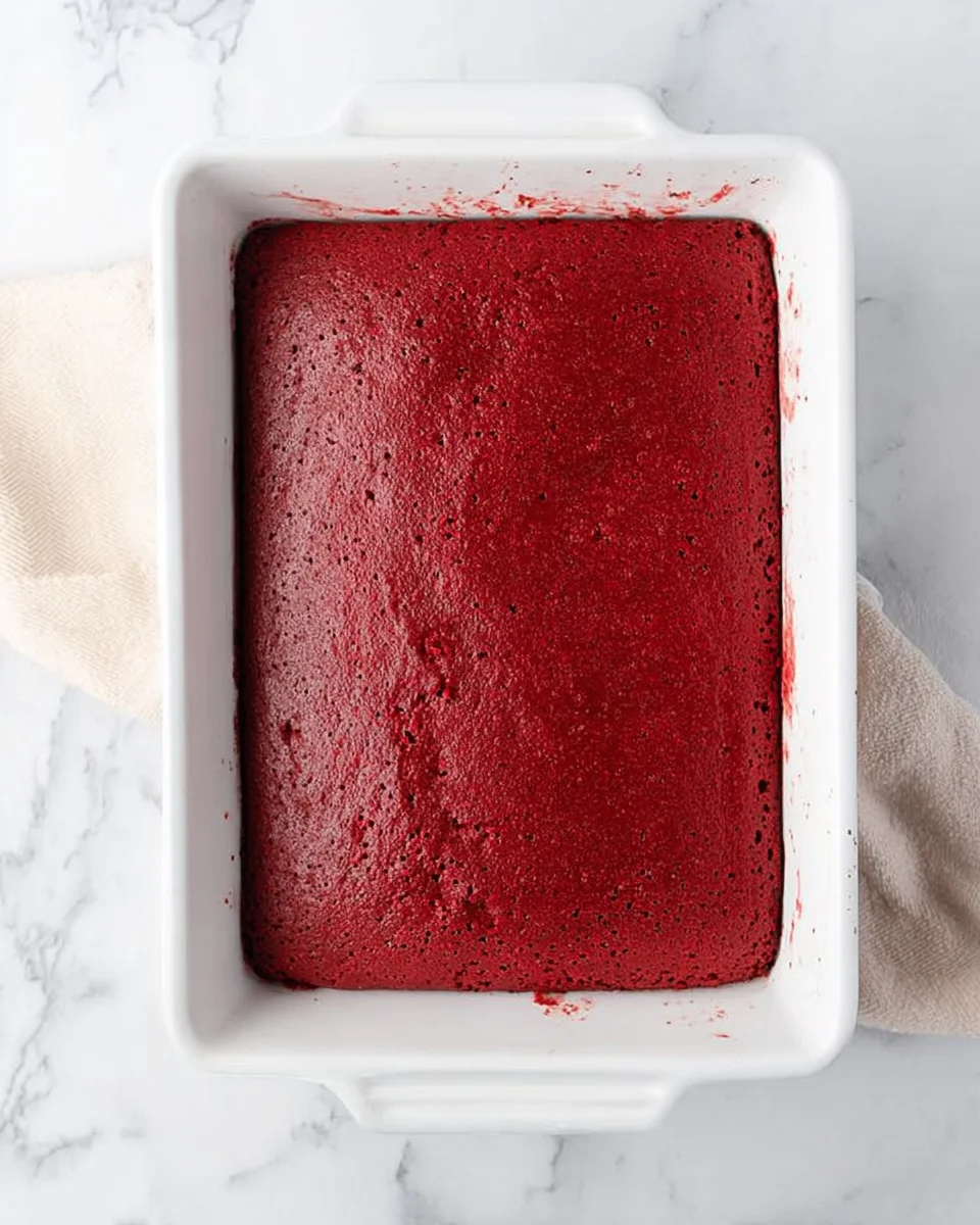 red-velvet-truffles-step3-660x990.jpg red velvet cake in a 9x13 pan with the edges of the cake removed