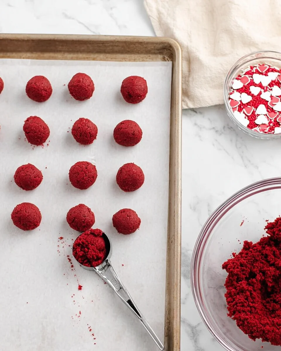 red-velvet-truffles-step7-660x990.jpg red velvet cake balls on parchment lined baking sheet