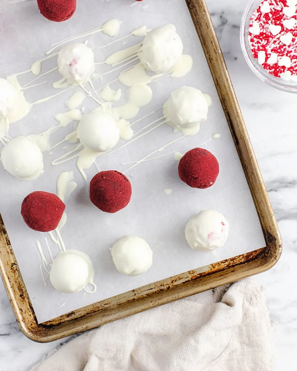 red-velvet-truffles-step9-660x990.jpg red velvet cake balls dipped in white chocolate on parchment paper