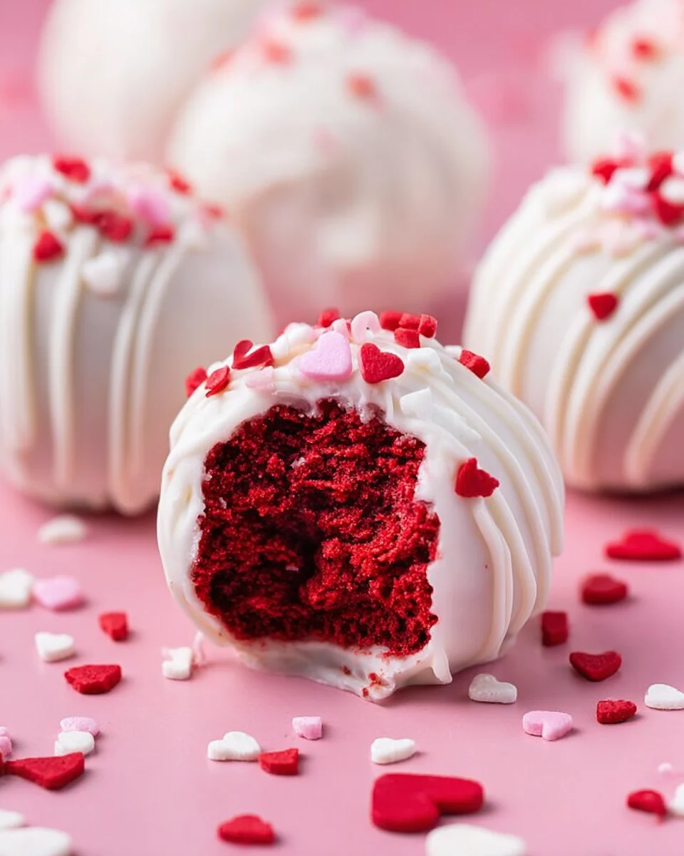 red-velvet-trufflesV-660x990.jpg Red Velvet Truffles coated in white chocolate and garnished with heart shaped sprinkles