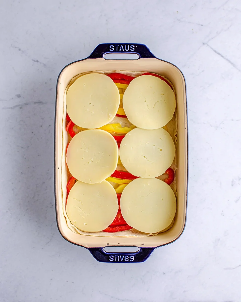 Half the cheese layered on bottom then topped with the pepperoni, ham, salami, sliced red bell peppers, pepperoncini and then remaining cheese.