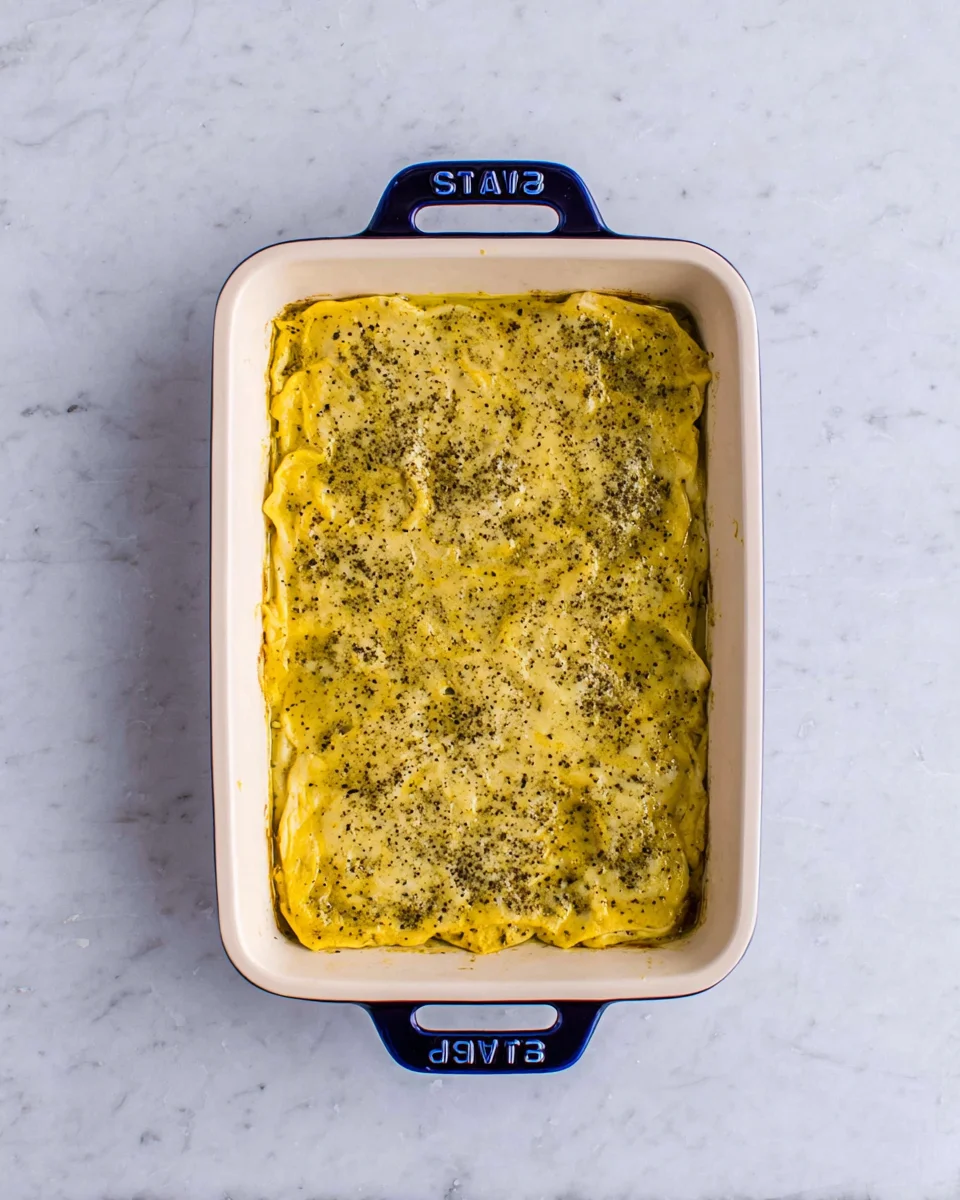 Pesto mixture brushed on top of crescent dough sheet.