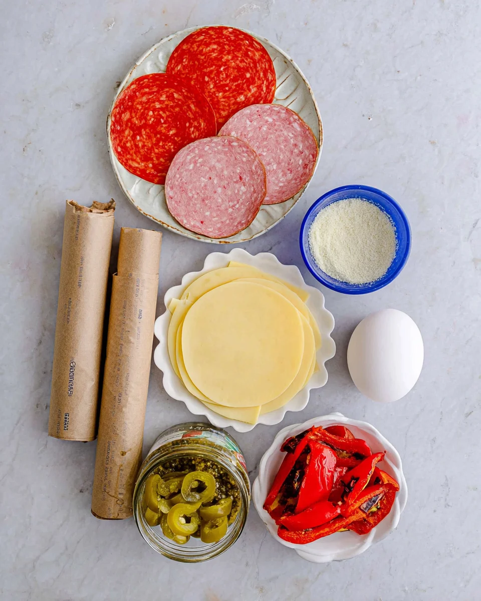 Ingredients needed: crescent roll dough sheets, provolone cheese, pepperoni, deli ham, genoa salami, roasted red bell peppers, pepperoncini’s, egg, pesto and parmesan cheese.
