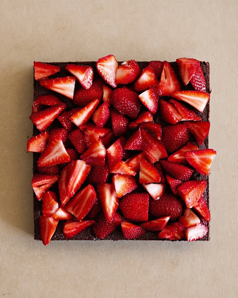 sliced-strawberries-brownies.jpg A top-down view of sliced strawberries atop brownies