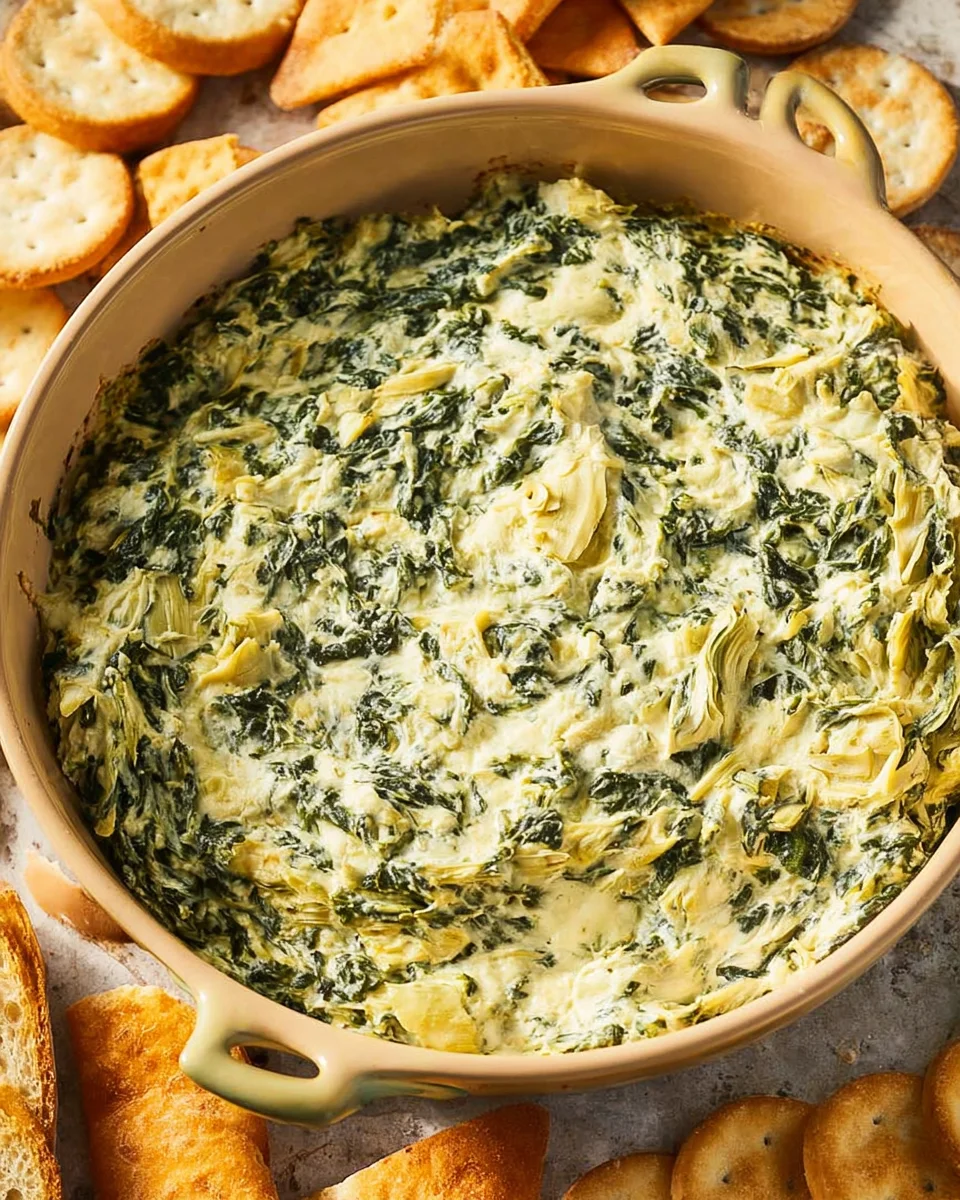 Round baking dish with spinach artichoke dip inside and crackers surrounding it.