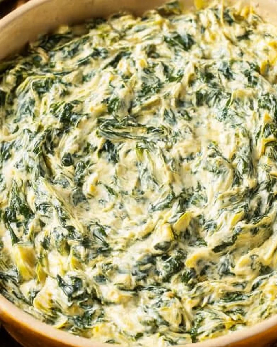 A round dish with spinach artichoke dip surrounded with crackers