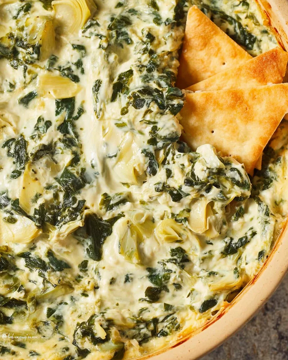 Close up of two crackers in spinach artichoke dip.