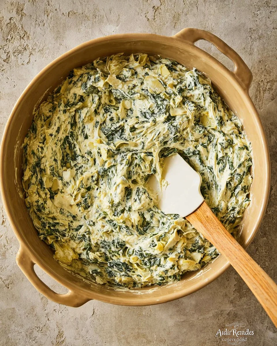 Round dish with spinach artichoke dip with a spatula.
