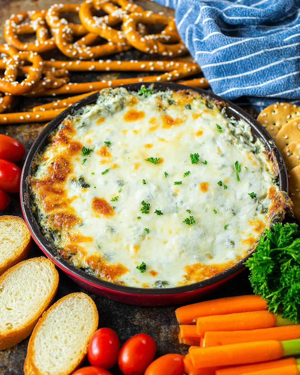 A pan of spinach artichoke dip topped with parsley.